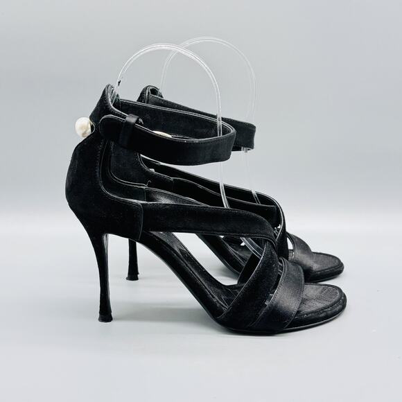 Nicholas Kirkwood Sandals Womens 5.5 Black Suede Heel Ankle Strappy Dress Pearl - Picture 1 of 12